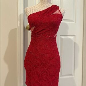 Adrianna Papell One-Shoulder Red Lace Dress